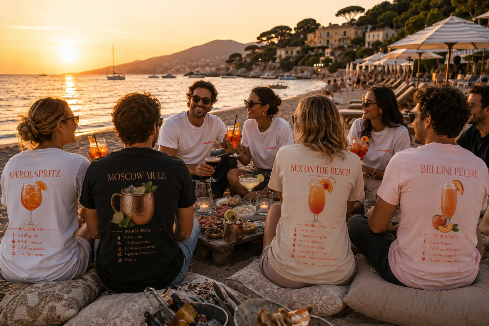 Bande d'amis en apéritif au coucher de soleil sur la Côte d'Azur, portant les t-shirts rocks&roll